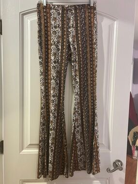 Fashion Nova Brown & White Striped Floral Flared Pants